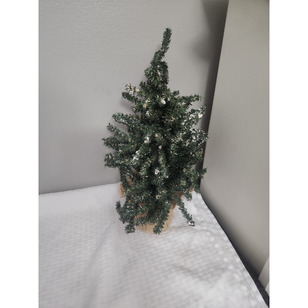 Miniature Tabletop Christmas Tree Burlap Base Flocked Snow Red Ribbon Decor - Picture 6 of 6